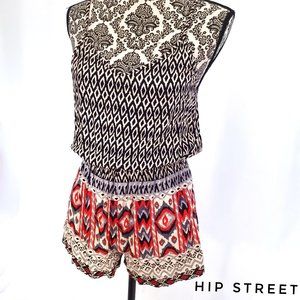 ANGIE Spaghetti Strap Elastic Waist Tribal Print Romper S